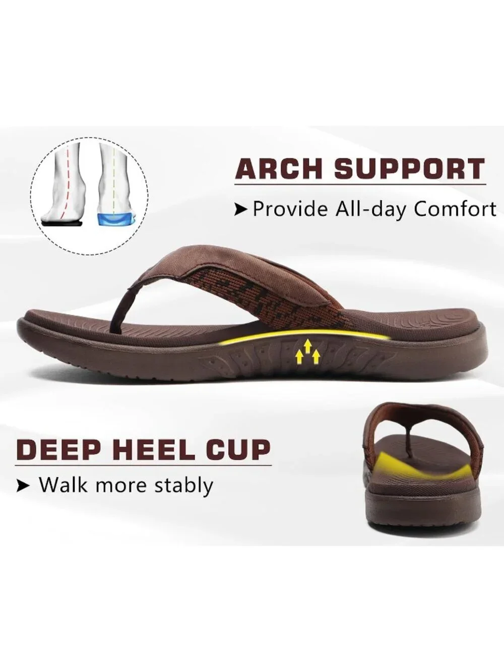 Men's Brown Flip Flop Open Toe Athletic Orthotic Fasciitis Sport Sandal Shoes